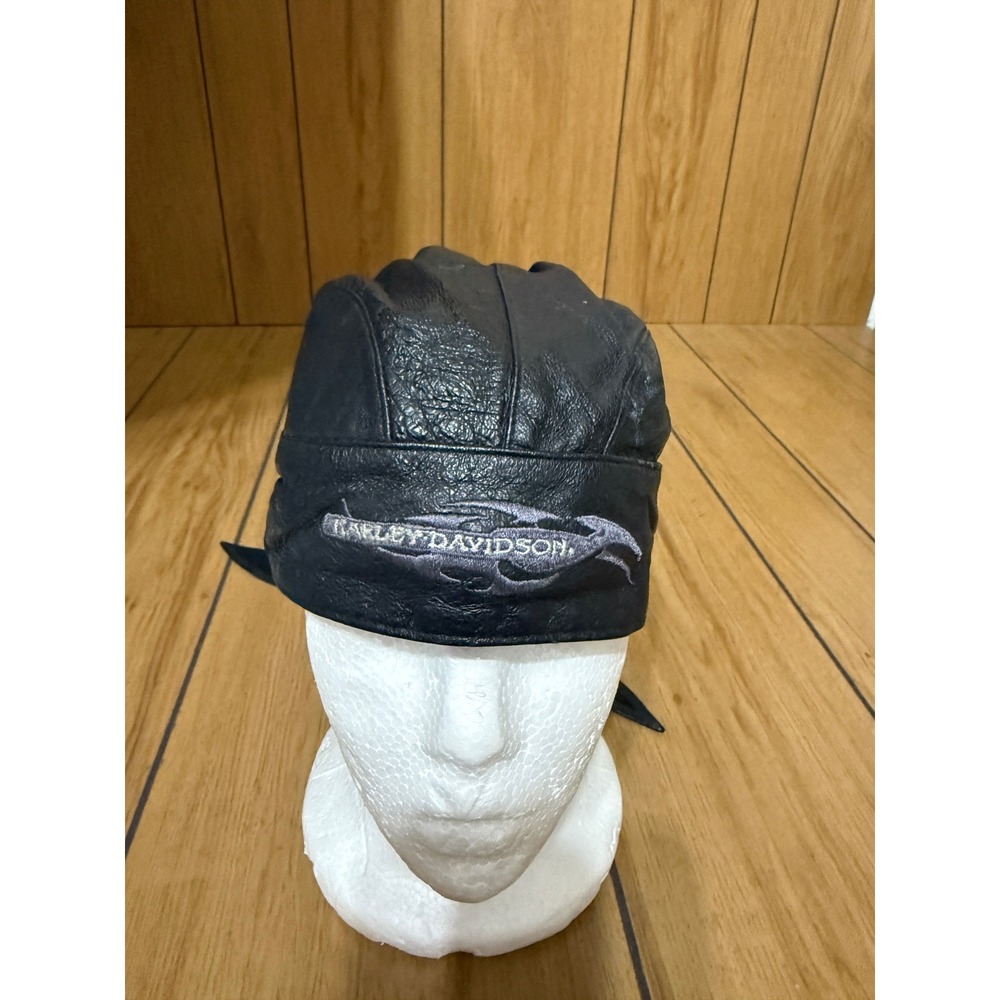 Harley Davidson Vintage Black Leather Biker Headwrap Tie Back Cap Small